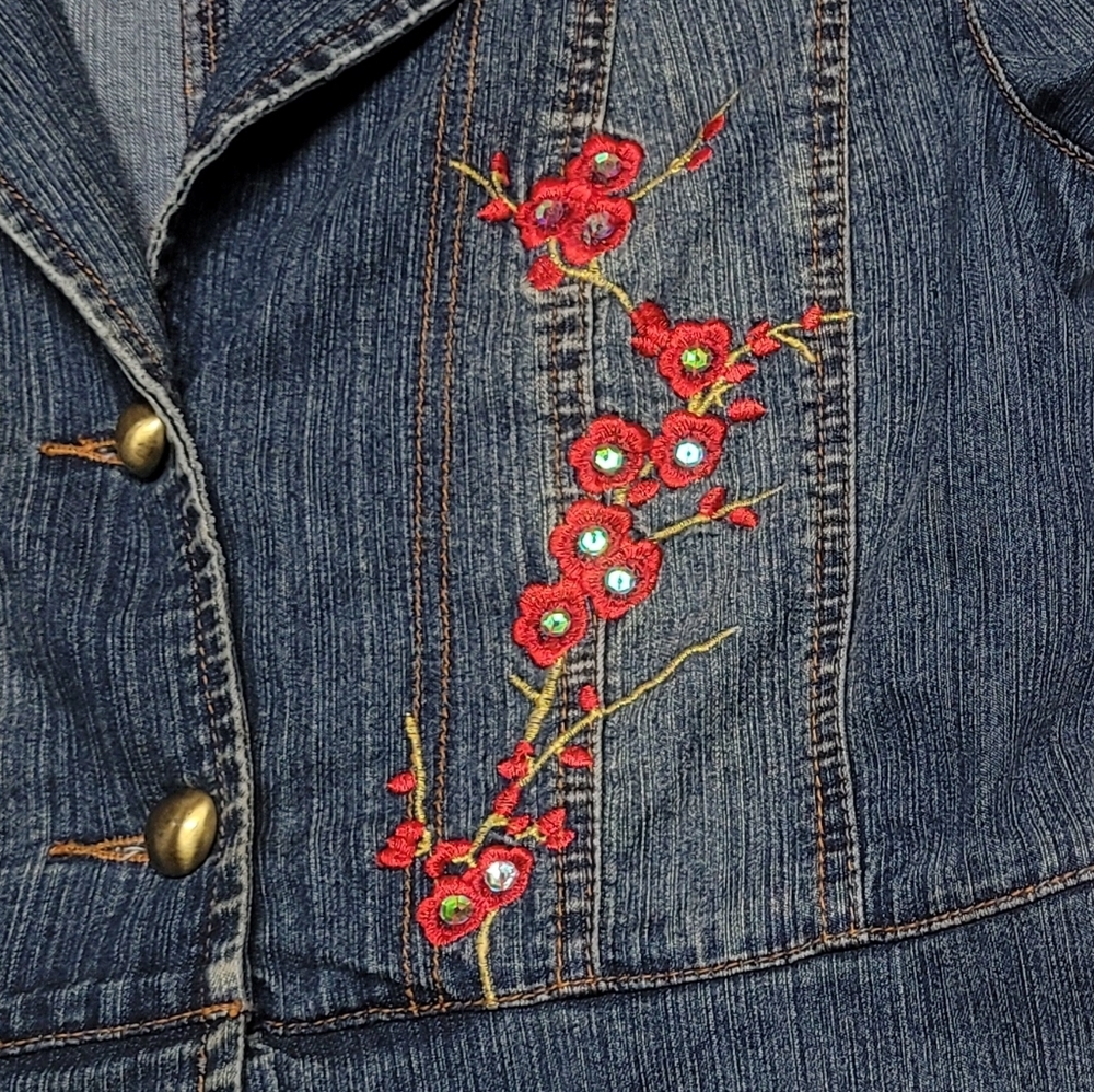 90s Vintage My Michelle Mid-Wash Blue Stretch Denim Red Floral Embroidery Jacket - Picture 5 of 10